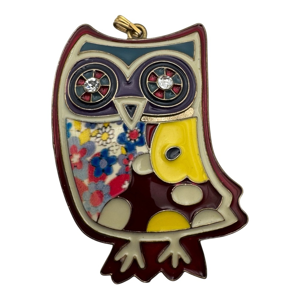 Colorful Owl Pendant with Floral Inlay and Rhinestone‎ Eyes – 2.25”
